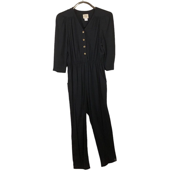 Vintage Luci Fellini Jumpsuit Black 1980s One Piece V-Neck Elastic Waist Size 12 - Picture 1 of 8